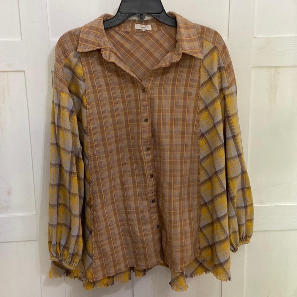 Easel Mixed Plaid Button Front Shirt Soft Cotton Fall Oversized Women’s Sz Small